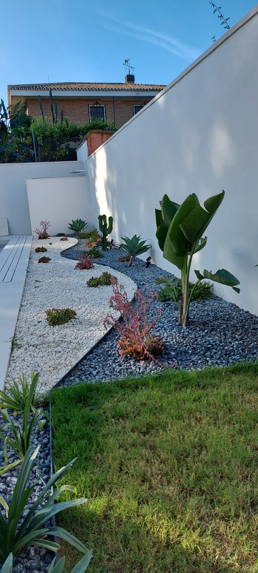 Xerojardín con grava blanca y gris, cactus y suculentas