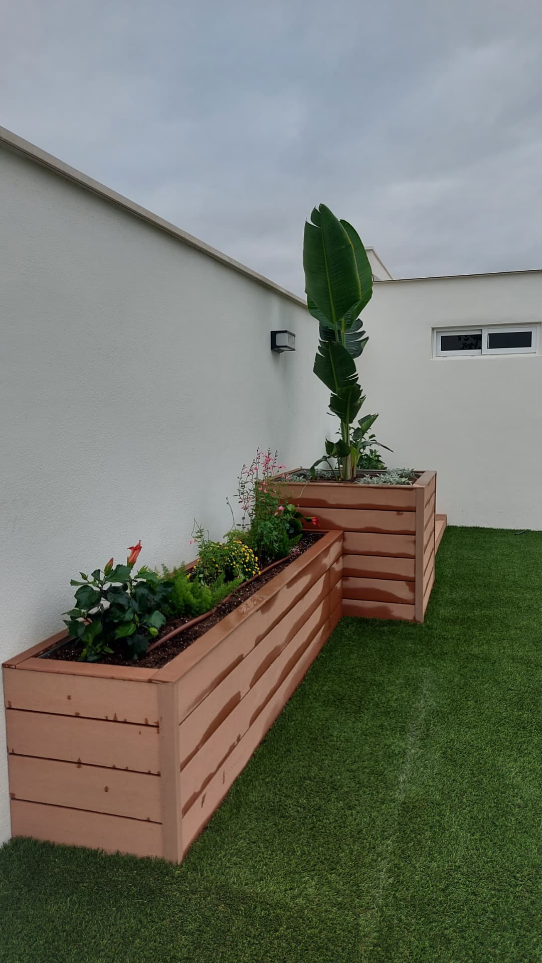 Jardineras de composite con hibiscos, penstemon y aromáticas en flor junto a un muro blanco